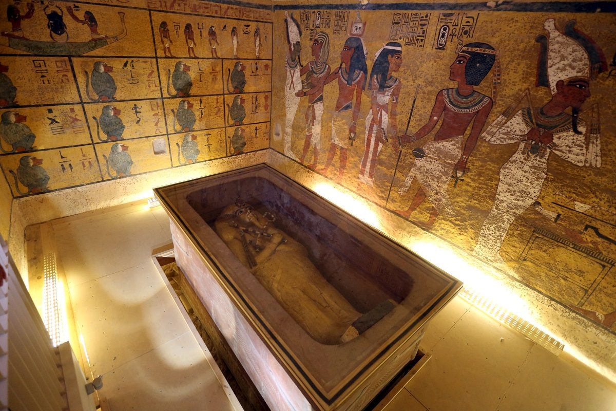The golden sarcophagus of King Tutankhamun in his burial chamber is seen in the Valley of the Kings, in Luxor